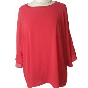 Calvin Klein Womens Blouse 2X Red Chiffon Flowy Bell Sleeve Lightweight Elegant